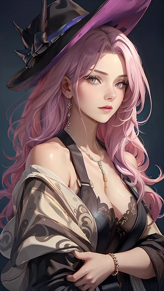 a beautiful young woman with pink hair and grey eyes, wearing a two-tone dress, black headwear, detached sleeves, and a bracelet, (best quality,4k,8k,highres,masterpiece:1.2),ultra-detailed,(realistic,photorealistic,photo-realistic:1.37),portrait,detailed face,beautiful detailed eyes,beautiful detailed lips,extremely detailed eyes and face,longeyelashes,intricate dress design,delicate headwear,ornate bracelet,cinematic lighting,warm colors,soft focus