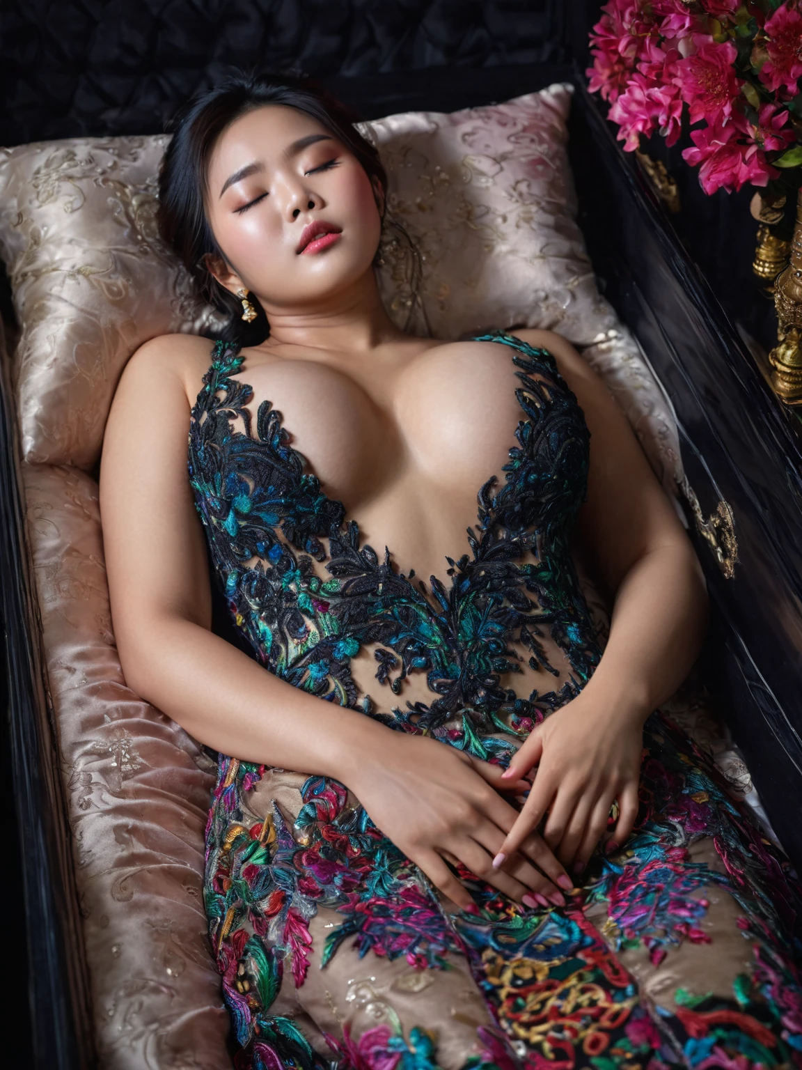 In a striking 8K HDR scene, a stunning Korean woman, 22 years old, lies peacefully in a black coffin surrounded by plush pillows. The deep box is set against a rich black background, accentuating the beauty of the subject. Her exquisite deep-V neckline kebaya attire is embroidered with superb detail, showcasing her round and firm breasts, perfect cleavage, and beautiful eyebrows. Her closed eyes and mouth give an air of serenity, while her visible and absolute cleavage leave nothing to imagination. The scene is bathed in saturated colors, highlighting every intricate aspect from the ball skirt to her clean face, straight body, detailed hand perfect hands, straight body, own hands together, own hand on stomach, detailed hands, perfect hands.