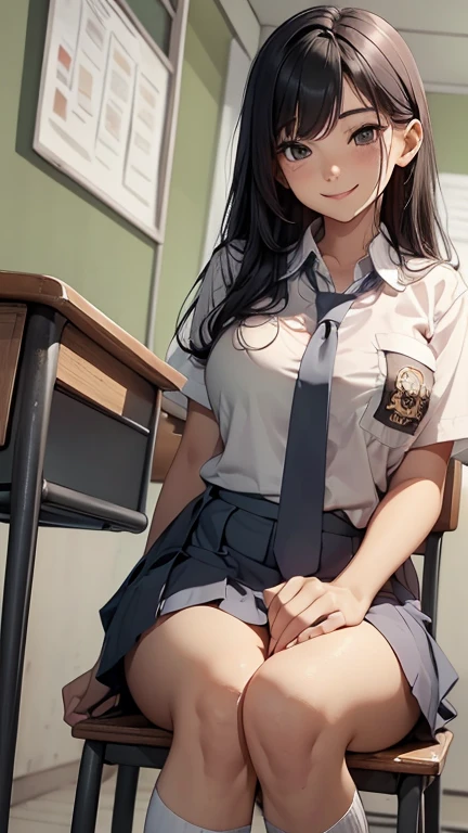woman, 17 years old, (long black hair), plump body, black eyes, Indonesian high-school uniform, (wearing white shirt, long socks, necktie), osis logo on shirt pocket, huge breasts, cleavage, light-grey pleated skirt, sitting on a chair, seductive pose, full body shot, smiling, in the classroom, perfect hands, perfect fingers,