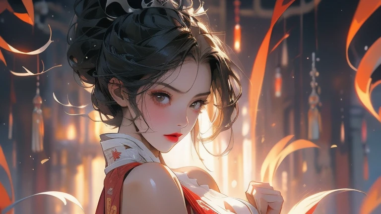 high quality,HD,16K,Sharp Line,1 Girl,fantasy, (Fire Spirits),Pretty Face, Large Breasts, Beautiful legs,In the mountains,Focus Girl,detailed Pretty Face,Detailed clothes,beautiful eyes,Cool,Sexy,Dynamic Angle,穿着华服的神明Strike a pose拍照, Ancient mysterious sexy goddess, Traditional beauty woman, Beautiful female warrior god of war , Beautiful sexy goddess, Gorgeous role-playing, high, Beautiful young girl, Beautiful woman, 华丽Beautiful woman, Complex clothing,Chinese Mystical Aesthetics, Beautiful Asian ancient mysterious girl, Extremely detailed shot of the goddess, Jaw-dropping sexy beauty, Big breasts deep neckline sexy belly button(butt), (bedroom), (Sexy Girls), masterpiece, best quality, Bangs, blush, Chest, clavicle, Eyebrows visible through hair, (Gradient red and gold hair), Jewelry, Long hair,Bright Eyes, ring, (solitary), illustration, fashionable, miss, Strike a pose, background, element, confident, Express, Accessories, majestic, striking, key point, Dynamic poses, ((plump)), (black))Woman in transparent dress,Viewer,(((Full breasts, Keeley University))),Slim waist,(Navel exposed,Bare waist), Long hair, extreme detailed details, 详细的fantasy艺术, Stunning character art, Beautiful and exquisite character art, Beautiful transparent dress, Very detailed, Large Breasts,Chest,Golden ratio figure,Beautiful figure,Ultra wide-angle shooting,Full body shot拍摄,Body close-up,Full body shot,Wearing a pleated tulle skirt,柔和动漫illustration, 柔和的深色background,Fujifilm XT3 Clear focus, f 5.6, High Detail, Clear focus,(Wearing openwork clothing),, (Natural light), (Tempting)translucent, Good velvet quality, Compared, Divine Light,, Silver hair, 天空background, Absolute Strength,Female Shinmei,穿着性感丝绸的Female Shinmei,,Large Breasts,Chest,Golden ratio figure,Beautiful figure,Ultra wide-angle shooting,Full body shot,Body close-up,Full body shot, Wearing a tulle dress, Model shooting style, Large Breasts,饱满Chest,Golden ratio figure,Beautiful figure,(Extremely detailed CG 8k wallpaper unit), The most beautiful artistic photos in the world, , 8K 超HD, ) on the beach,Sexy lazy posture,Sexy seductive expression,best quality,masterpiece,Ultra-high resolution,(Practical:1.4),original photo,Ultra-high resolution