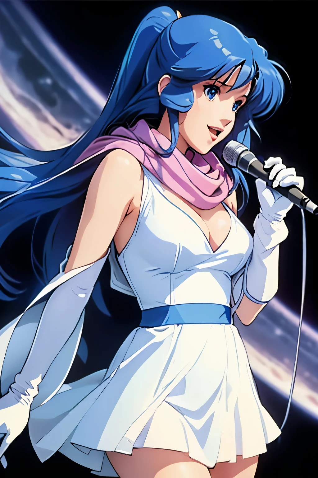 lynn minmay,1girl, solo, long hair, breasts, looking at viewer, smile, ((lynn minmay of macross)),open mouth, blue eyes, gloves, dress, holding, cleavage, medium breasts, blue hair,( lynn minmay),leeveless, shiny, white gloves, scarf, white dress, sleeveless dress, minishort dress, microphone, music, space, holding microphone, singing, 1980s \(style\), pink scarf