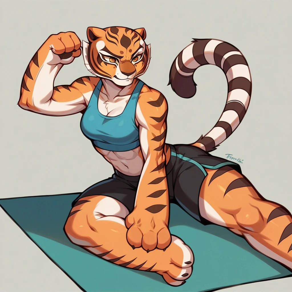 Kung Fu Panda, Master Tigress, Pose, Yoga, wearing black shorts,