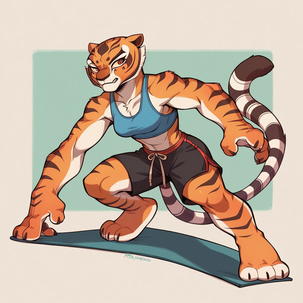 Kung Fu Panda, Master Tigress, Pose, Yoga, wearing black shorts,