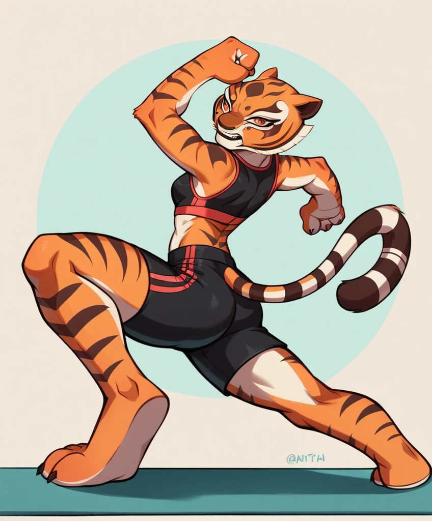 Kung Fu Panda, Master Tigress, Pose, Yoga, wearing black shorts,