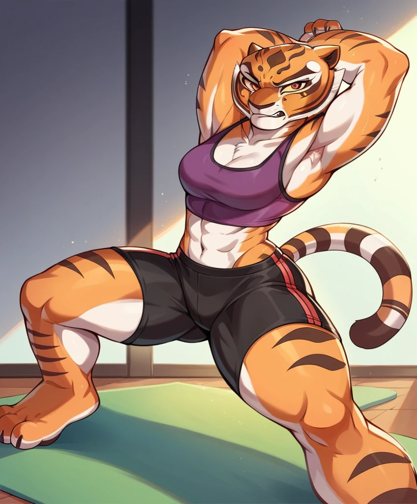 Kung Fu Panda, Master Tigress, Pose, Yoga, wearing black shorts,