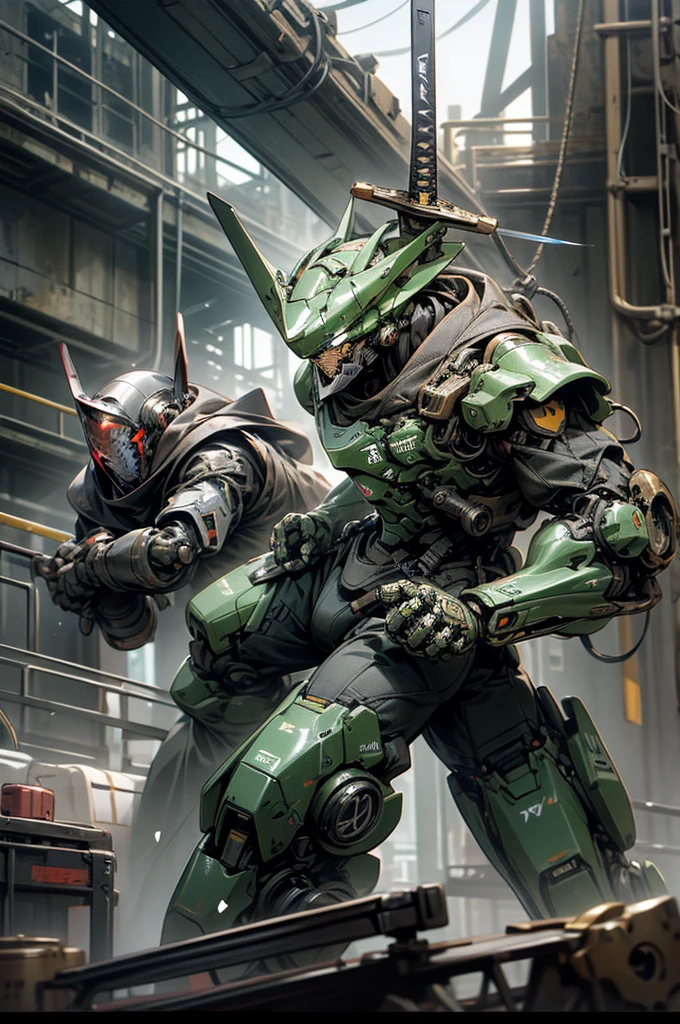 HERO robot,knight armor massive,meca,droid,heaby armor massive,human_not,anime style,holding_sword,masterpiece,masterpiece,best quality,super detailed,super fine illustration,8k,dynamic' angle,industry meca design,green color,giant size.Break in battlefield,煙,destroyed building,detailed background,Break the robot conflict with enemy.