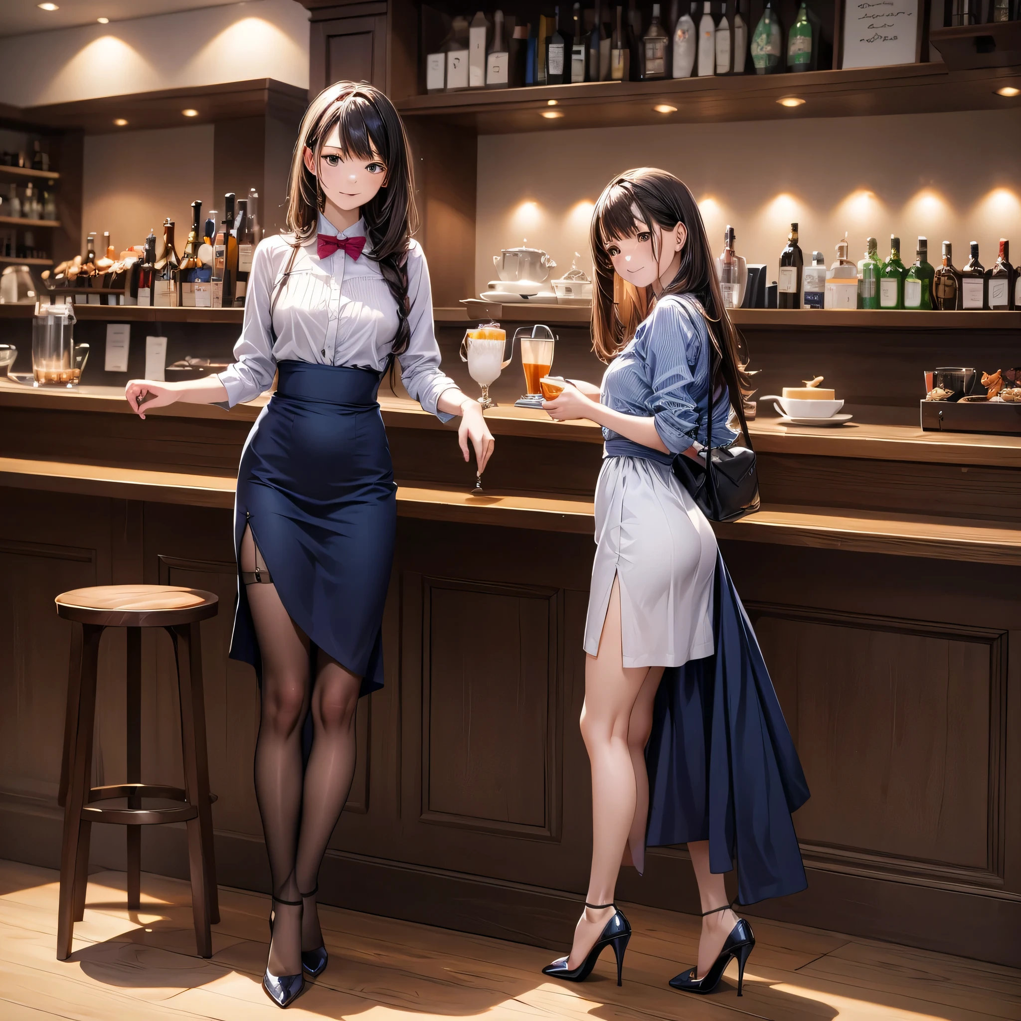 (masterpiece:1.3),(best quality, highest quality),((Full Body Shot,Including face)),girl2s,4K,masterpiece,((Focus on the face)),((Symmetrical facial features)),Beautiful woman,(Slender),((High heels,Patterned stockings with straps)),Detailed depiction of the face, Cafe clerk ,In front of the bar counter,profile,Long skirt,Slenderな女性,Cafe uniform,Age 25