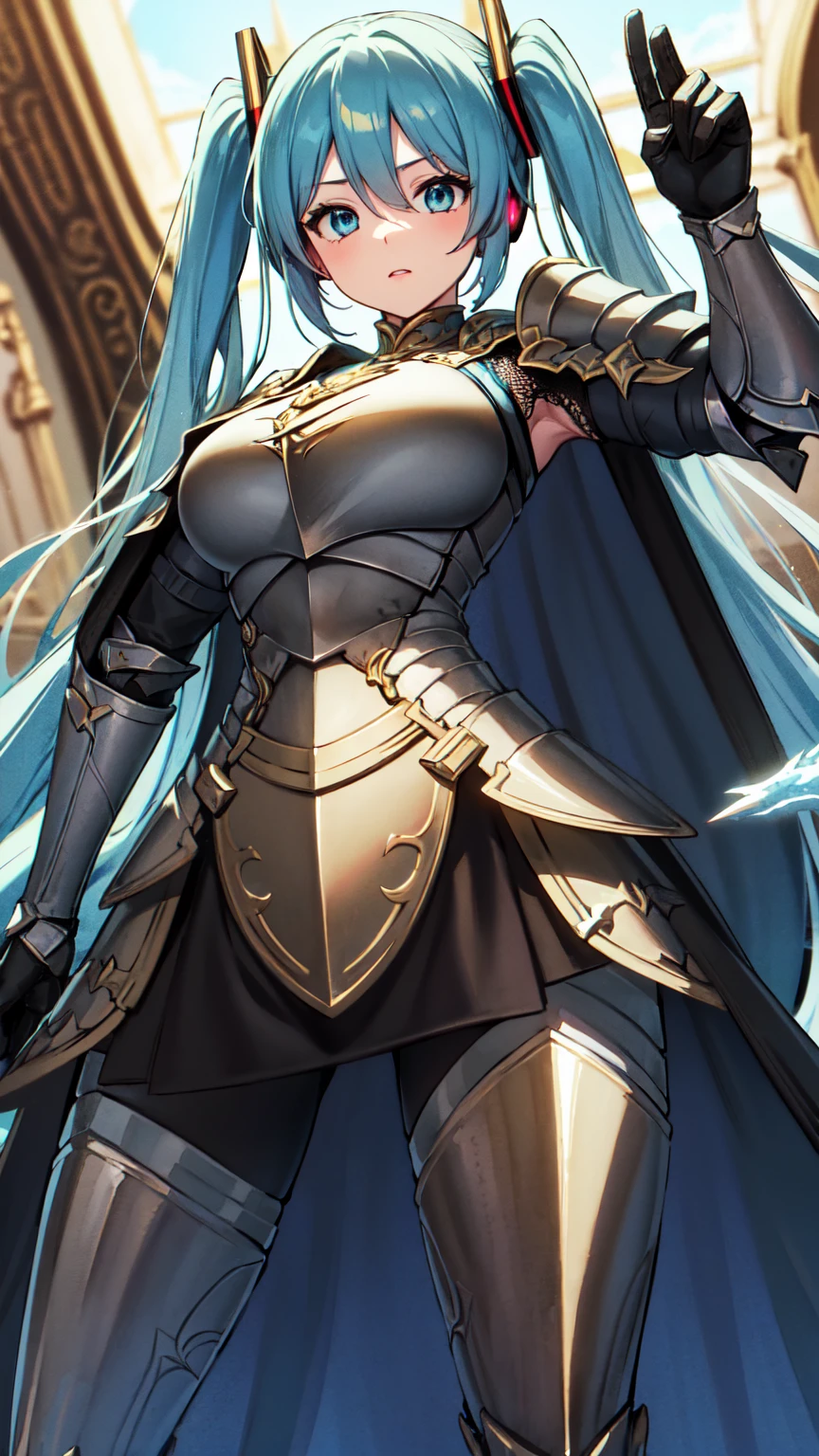 Masterpiece, Top Quality, 8K Hatsune Miku VOCALOID, 1Woman, Big Breasts, Equipped with a Cloak, ((Dragon Armor)), {{Full Armor}}, ((Knight Armor)), Black Tights, Church