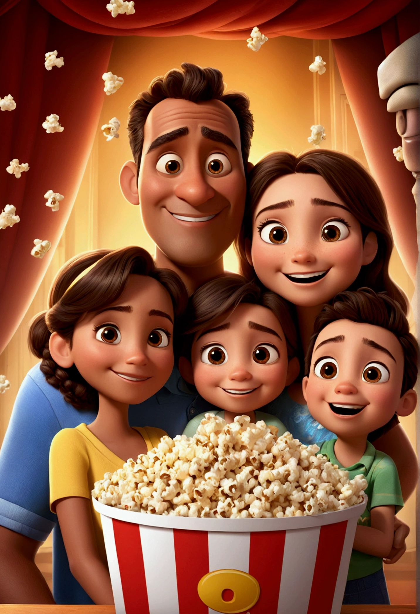 A Disney Pixar style movie poster with the title "OS BRITO" of a happy family (father, mother, girl, boy, boy, boy and baby, all brown-skinned) in a room full of 3D Disney Pixar cartoon style popcorn in high definition, Lots of popcorn, masterpiece, the best quality, realistic, ultra detailed,