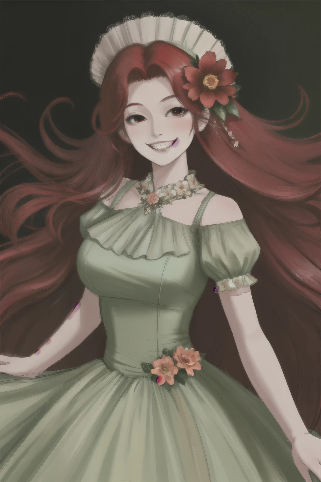 uma mulher, red hair, long hair, hair flower, grin, Surrealism, wide shot, UHD, high quality, super detail, best quality, 8k