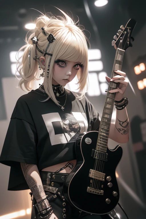 High quality picture, masterpiece, 4k. luminous, reality, blond bobbed hair, punk style t-shirt, hot trousers, playing electric guitar, big eyes, lame eyeshadow, on stage with spotlight