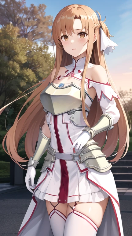 masterpiece, best quality, highres, ddasuna, long hair, brown hair, hair ribbon, brown eyes, bare shoulders, white armor, armored dress, detached sleeves, white gloves, white thighhighs, outdoors, standing, cowboy shot