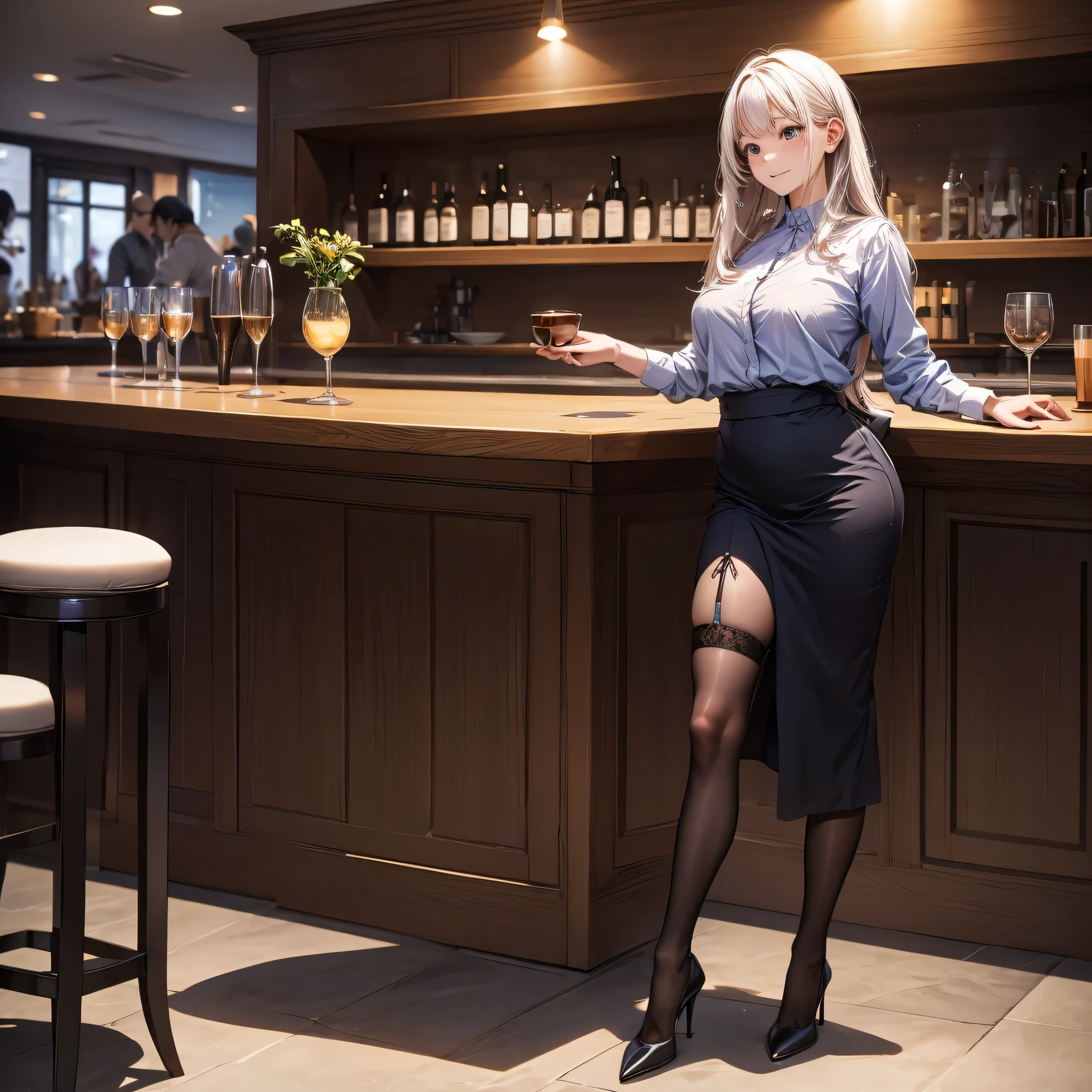 (masterpiece:1.3),(best quality, highest quality),((Full Body Shot,Including face)),girl2s,4K,masterpiece,((Focus on the face)),((Symmetrical facial features)),Beautiful woman,(Slender),((High heels,Patterned stockings with straps)),Detailed depiction of the face, Cafe clerk ,In front of the bar counter,profile,Long skirt,Slenderな女性,Cafe uniform,Age 25