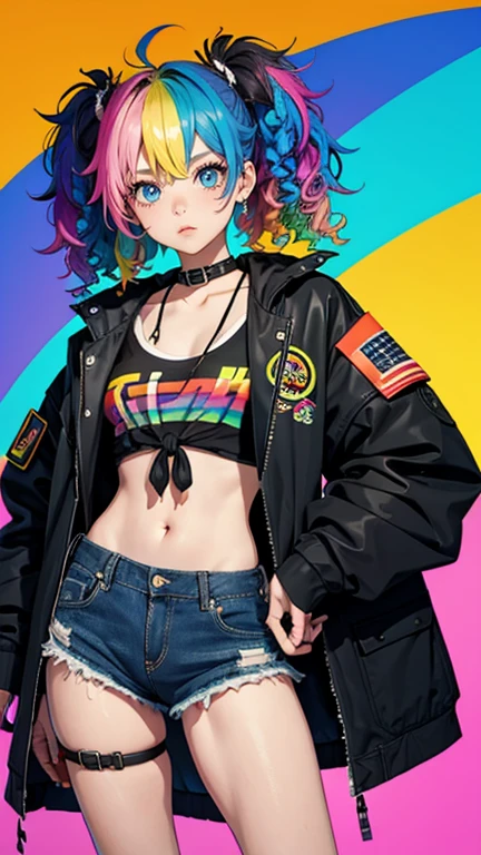 Tied up messy attractive girl, Rainbow Curly Hair, Rainbow Style Jacket, Cool bomb explosion background