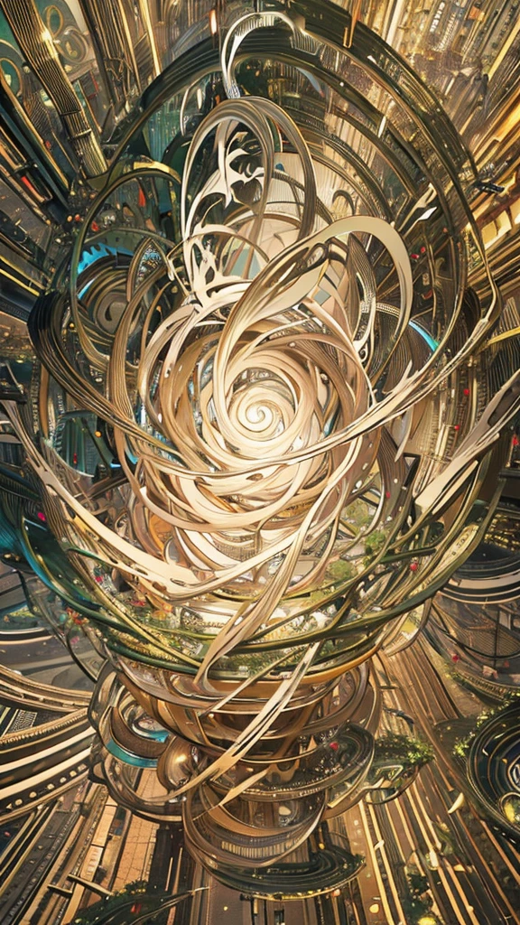 A fascinating and intricate vortex-like pattern, created by countless tiny human figures swirling around at the center. The colors range from beige and brown tones, creating a sense of depth and movement, while soft greens blend seamlessly, creating a sense of nature. The lines form layers and circles, with some areas appearing denser and more textured, creating the illusion that the tiny human figures are swirling down towards the center. The overall effect is both hypnotic and natural, as if looking down into a vortex of natural elements.
