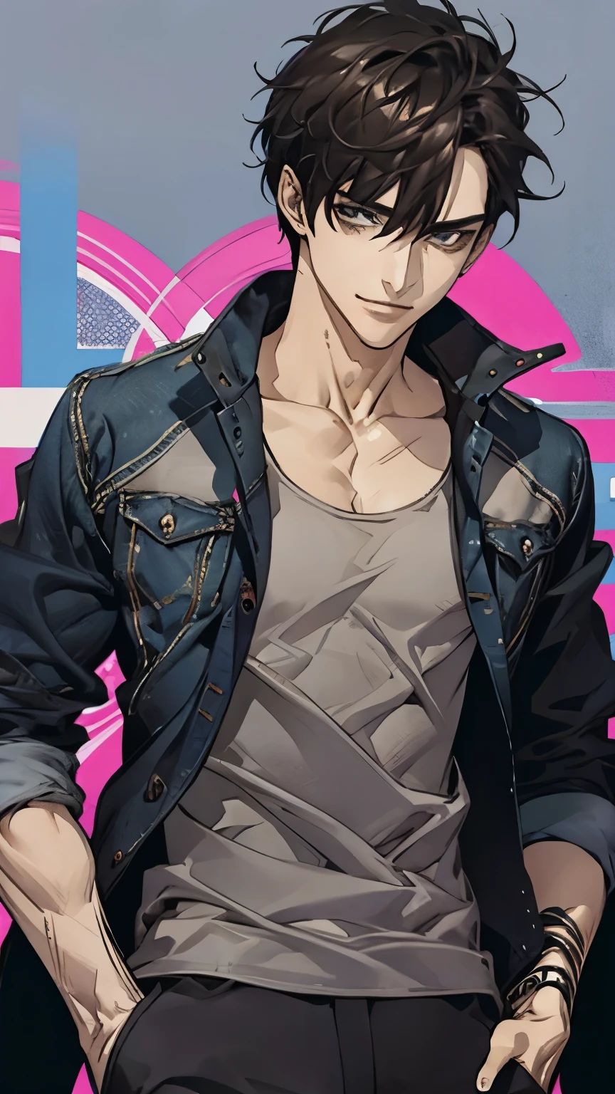 male、Tank top、Wearing a jacket and black trousers、Ragged black hair、solo、(Stubble)、smile、Dynamic pose