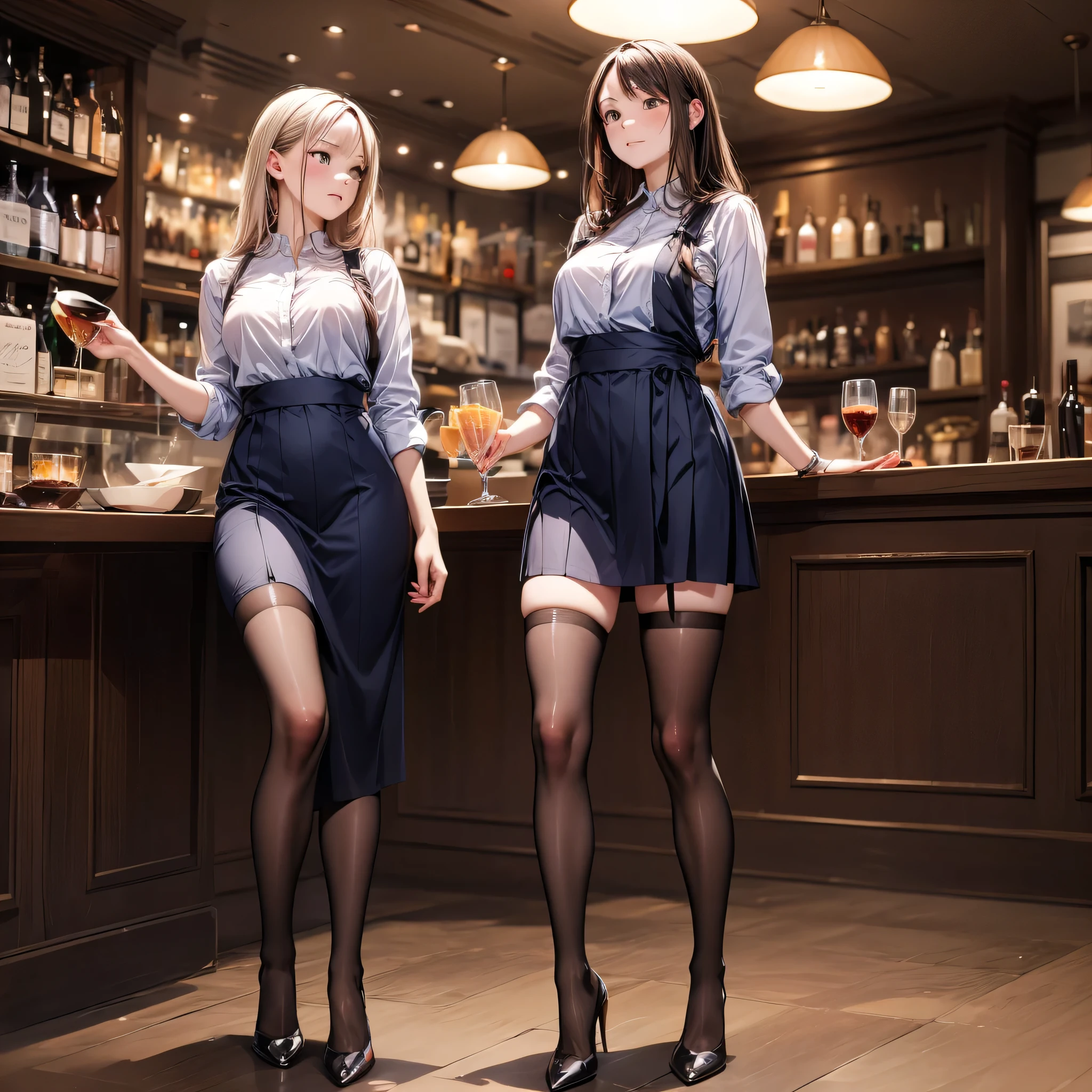 (masterpiece:1.3),(best quality, highest quality),((Full Body Shot,Including face)),girl2s,4K,masterpiece,((Focus on the face)),((Symmetrical facial features)),Beautiful woman,(Slender),((High heels,Patterned stockings with straps)),Detailed depiction of the face, Cafe clerk ,In front of the bar counter,profile,Long skirt,Slenderな女性,Cafe uniform,Age 25