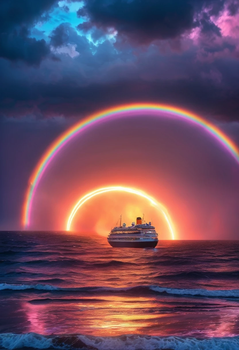 Iridescent Seaの上を走る大客Boat，Boat、The rainbow Titanic、colorful，Iridescent smoke、The rainbow TitanicはIridescent smokeを出している、Beautiful sea，wonderful景色，Seaside，Iridescent Sea、An atmosphere full of dreams and hope，masterpiece．16K, Ultra-high resolution, Ultra-high resolution, to be born,wonderful ,future、Iridescent、The world 30 years from now。