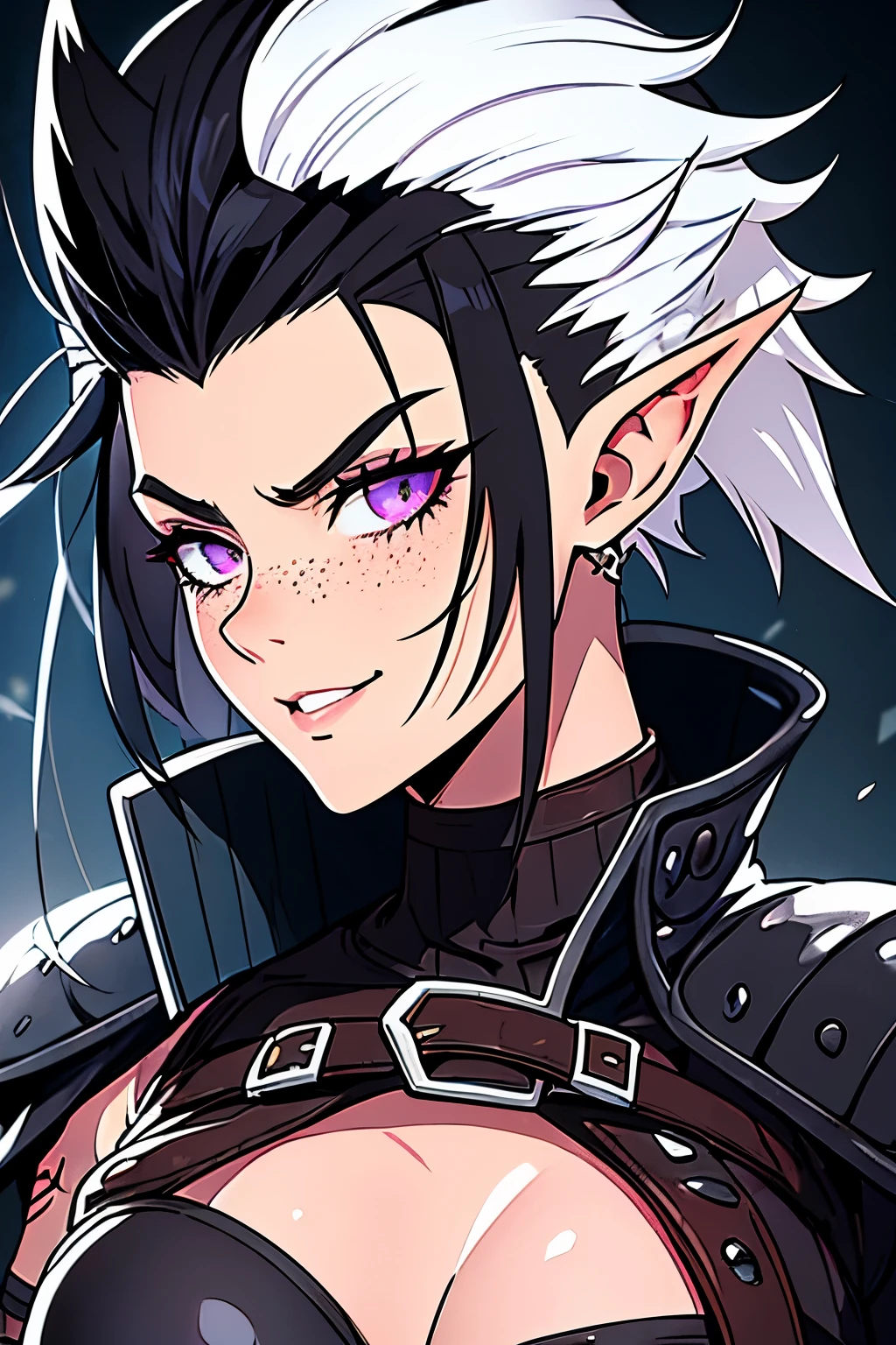 ultra detailed, anime girl, full-body portrait, leather armor, half-elf, raven black fauxhawk hairstyle with shaved sides, heavily freckled face, nose ring, dark red eyeshadow, single slashing scar across left cheek, opal colored eyes, coy smile, faded black and white neck tattoo of a beholder from dungeons & dragons