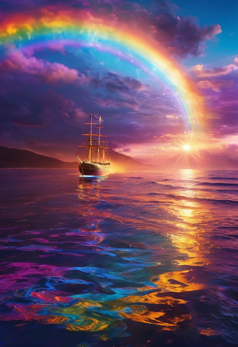 Iridescent Seaの上を走る大客Boat，Boat、The rainbow Titanic、colorful，Iridescent smoke、The rainbow TitanicはIridescent smokeを出している、Beautiful sea，wonderful景色，Seaside，Iridescent Sea、An atmosphere full of dreams and hope，masterpiece．16K, Ultra-high resolution, Ultra-high resolution, to be born,wonderful ,future、Iridescent、The world 30 years from now。