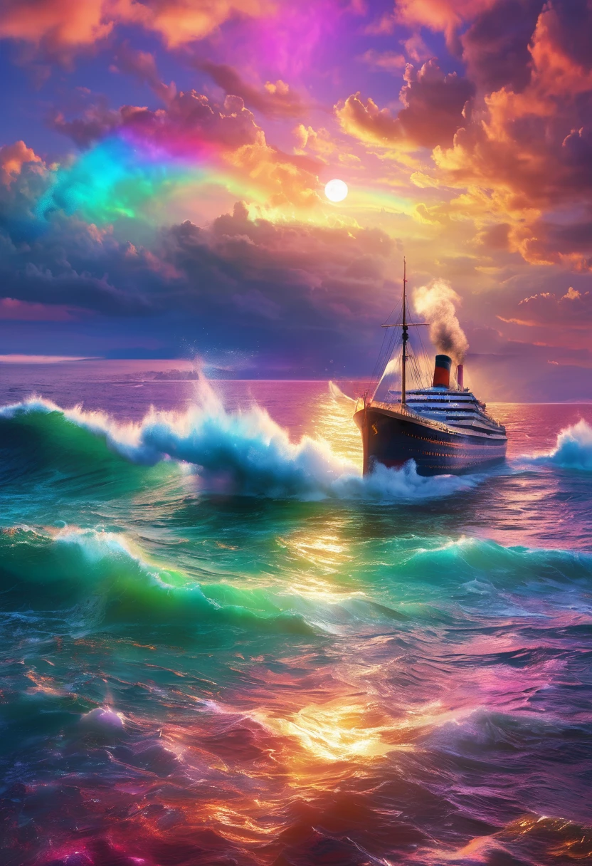 Iridescent Seaの上を走る大客Boat，Boat、The rainbow Titanic、colorful，Iridescent smoke、The rainbow TitanicはIridescent smokeを出している、Beautiful sea，wonderful景色，Seaside，Iridescent Sea、An atmosphere full of dreams and hope，masterpiece．16K, Ultra-high resolution, Ultra-high resolution, to be born,wonderful ,future、Iridescent、The world 30 years from now。