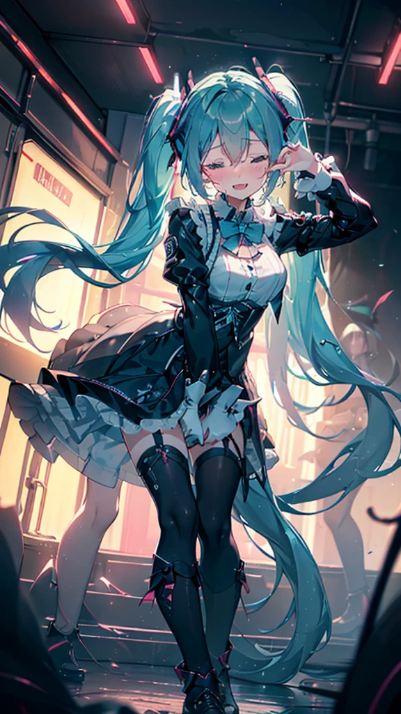 (masterpiece,Super Detail,In 8K,Best Original Score,Moody lighting,Photorealistic,Dynamic Shot:1.5),hatsune miku,Dangerous Vampire,Adult sexy body,Light blue twin tails,smile,Double teeth,A small pink heart on her cheek,Pink and black gothic dress fashion,Jirai fashion with very delicate details,Black platform high boots,Beautiful long legs,Beautiful big ,Cute pose,Midnight Downtown,Lots of neon lights,Urban hustle and bustle、 close your eyes, Tears in the eyes、Open your mouth, What saliva leaves behind, Wet skirt hem, Sticky panties, Bulging of the vibrator cord, Vibrator with Garters, Subway car interior background, In a crowded crowd,