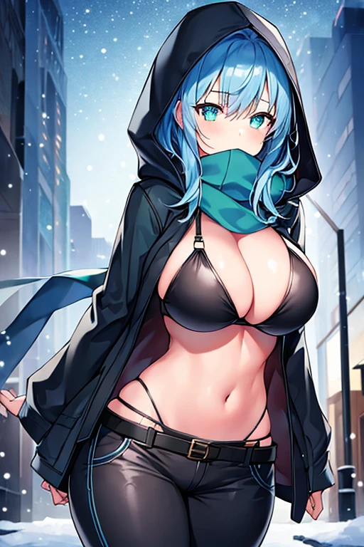 1girl, blue hair, medium hair, huge breasts, breasts, green eyes, scarf, covered mouth, jacket, forest, snow, black jacket, hoddie, hooded jacket, hood on, hood up, zipper, gloves, glowing hair, glowing eyes, light blue hair, sky blue hair, night sky, sky, stars, pants, tall, hourglass figure, mature female, thick thighs, pants, belt, long pants, bikini top, strap