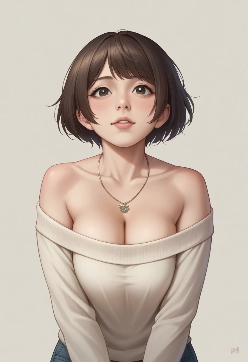 (Highest quality、8k、32K、masterpiece、Photorealistic:1.4、Hmph:1.2)、Cute Japanese Women Photos、Huge boobs:1.4、Very short bob hair、Extra Large_sweater、necklace、Simple Background、From above、Looking at the audience、Cleavage:1.5、A balanced body、whole body、Real