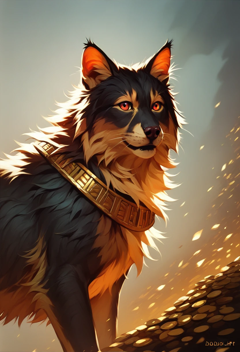 (( art  by Todd McFarlane ))  painting named surrealistic dream of mystery cat  in rpg world, animal, fluffy fur,  (limited colors, red, black, gold) BREAK, perfect quality, best quality, ultrasharp, ultradetailed, perfect quality, masterpiece, intricated details, wallpaper, 8k