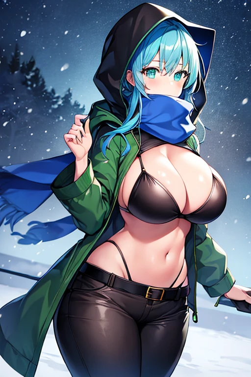 1girl, blue hair, medium hair, huge breasts, breasts, green eyes, scarf, covered mouth, jacket, forest, snow, black jacket, hoddie, hooded jacket, hood on, hood up, zipper, gloves, glowing hair, glowing eyes, light blue hair, sky blue hair, night sky, sky, stars, pants, tall, hourglass figure, mature female, thick thighs, pants, belt, long pants, bikini top, strap