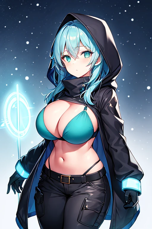 1girl, blue hair, medium hair, huge breasts, breasts, green eyes, scarf, covered mouth, jacket, forest, snow, black jacket, hoddie, hooded jacket, hood on, hood up, zipper, gloves, glowing hair, glowing eyes, light blue hair, sky blue hair, night sky, sky, stars, pants, tall, hourglass figure, mature female, thick thighs, pants, belt, long pants, bikini top, strap