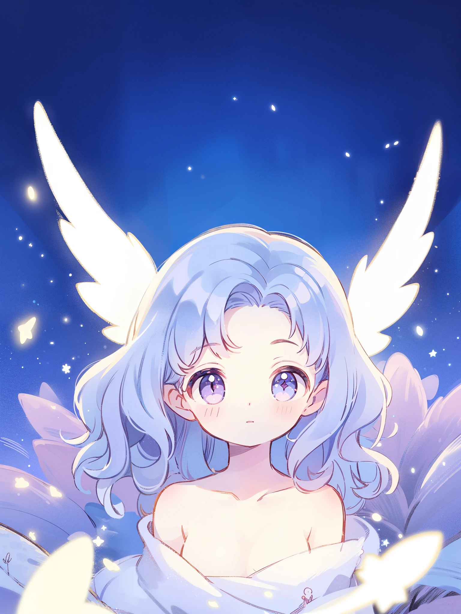 nude angel girl wearing an ethereal translucent dress, pale skin, ((wavy gradient blue purple hair)), white feathers, angel wings, sparkling detailed eyes, golden ratio face, perfect composition, highly detailed, ethereal, (starry night sky background), midjourney style