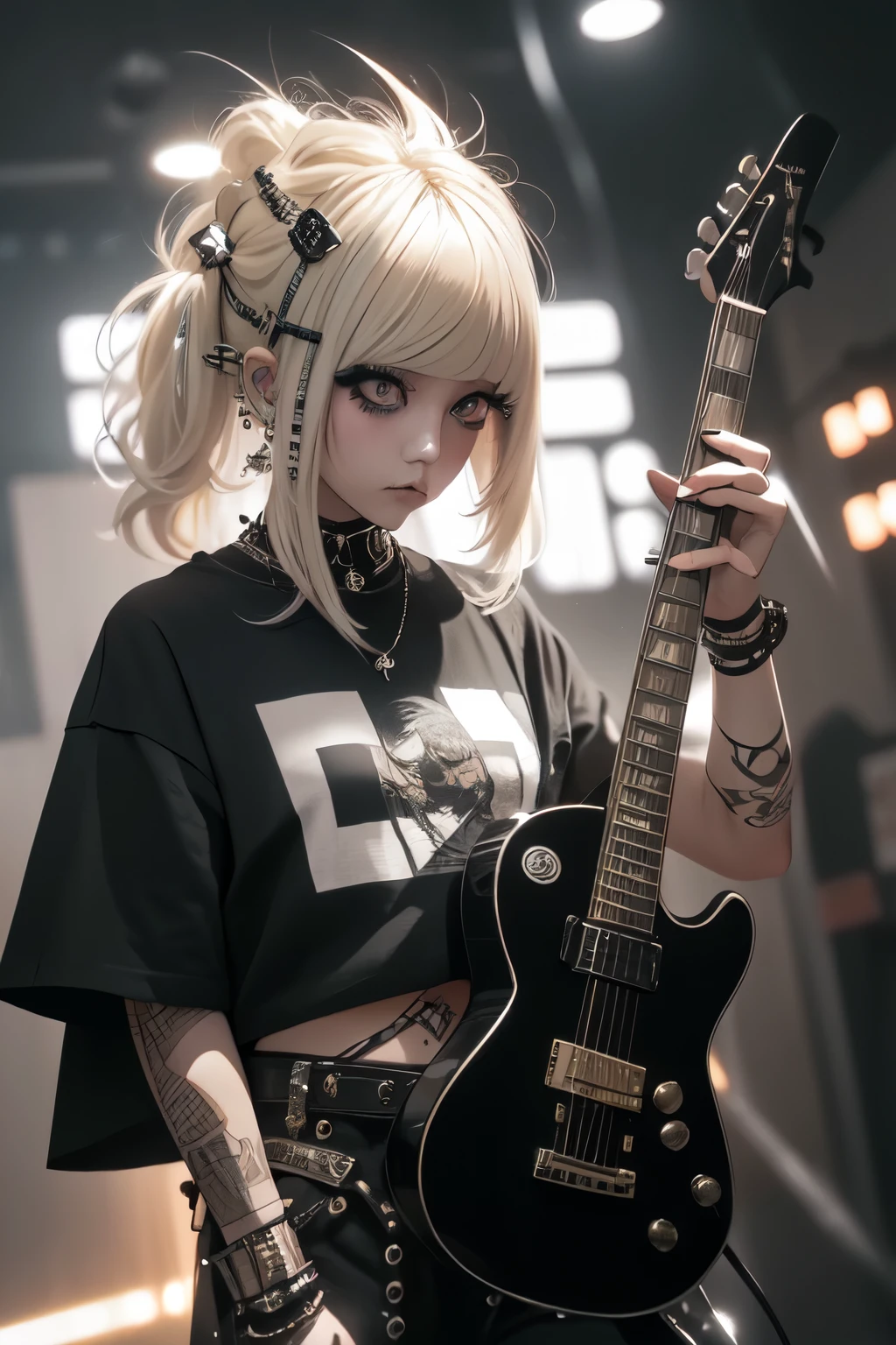 High quality picture, masterpiece, 4k. luminous, reality, blond bobbed hair, punk style t-shirt, hot trousers, playing electric guitar, big eyes, lame eyeshadow, on stage with spotlight