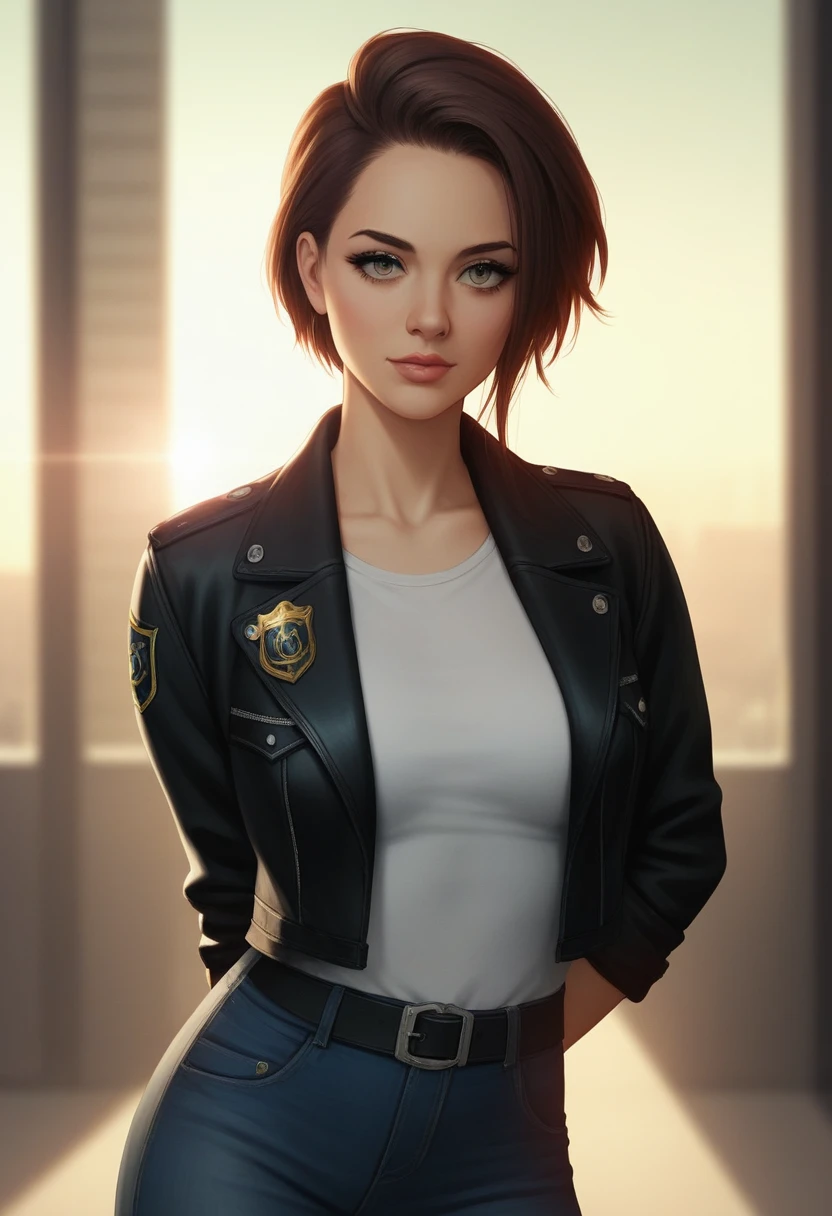 Portrait of a beautiful female model natlp, Georgia Fowler, Beautiful Face, Short dark brown hair, Cyberpunk city at night. She is wearing a leather jacket, Black jeans, Dramatic lighting, (Police Badge:1.2)