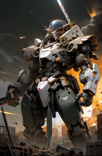 HERO robot,knight armor massive,meca,droid,heaby armor massive,human_not,anime style,holding_sword,masterpiece,masterpiece,best quality,super detailed,super fine illustration,8k,dynamic' angle,industry meca design,twin meca eyes,giant size.Break in battlefield,cigarette,explosion,collapse building,detailed background,