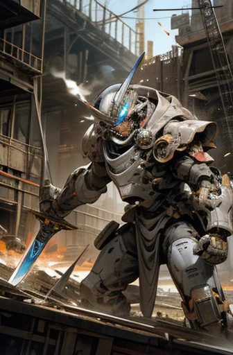 HERO robot,knight armor massive,meca,droid,heaby armor massive,human_not,anime style,holding_sword,masterpiece,masterpiece,best quality,super detailed,super fine illustration,8k,dynamic' angle,industry meca design,twin meca eyes,giant size.Break in battlefield,cigarette,explosion,collapse building,detailed background,