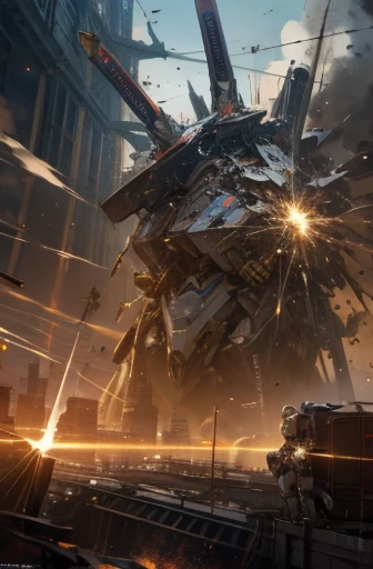 HERO robot,knight armor massive,meca,droid,heaby armor massive,human_not,anime style,holding_sword,masterpiece,masterpiece,best quality,super detailed,super fine illustration,8k,dynamic' angle,industry meca design,twin meca eyes,giant size.Break in battlefield,cigarette,explosion,collapse building,detailed background,