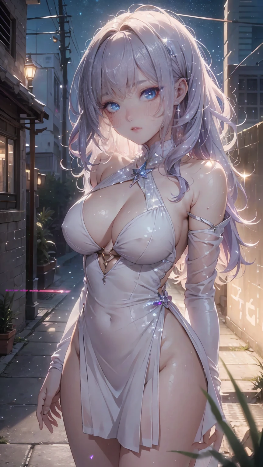 Best quality, masterpiece, ultra high res, (photorealistic:1.4), raw photo, aesthetics and atmosphere, dark shot, film grain, soft focus, bokeh, night shot, masterpiece realistic volumetric light,,1girl, purple eyes, white hair, curly hair, smirk, (freckles:0.8), thigh, medium breasts, upper body, (sparkly:1.3) sequins long cns dress, ray tracing reflection, desert street, path, city lights, incredible sky, relying on the wall, from side,