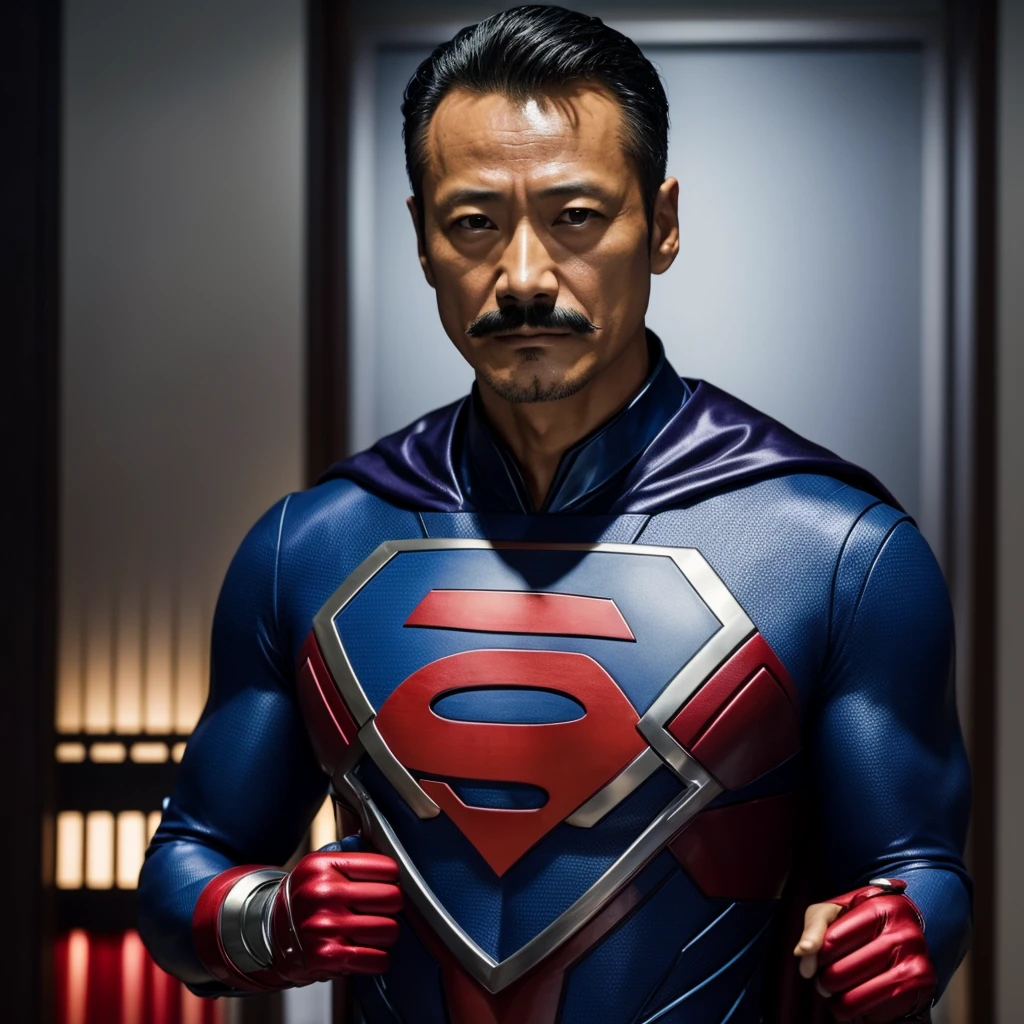 50 years old，Hidetoshi Nakata ，（Kogoro Mouri 1.3), a man as superhero, superhero outfit, tong, mustache, masterpiece, 4k hd, 8k hd