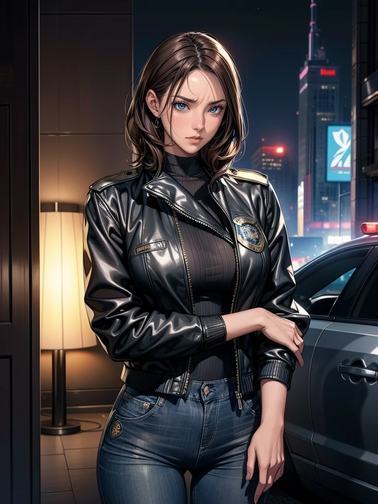 Portrait of a beautiful female model natlp, Georgia Fowler, Beautiful Face, Short dark brown hair, Cyberpunk city at night. She is wearing a leather jacket, Black jeans, Dramatic lighting, (Police Badge:1.2)