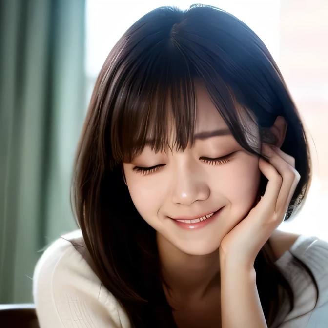 Beautiful dark-haired girl crying with her eyes closed, Smiling sadly,Long eyelashes,With bangs、