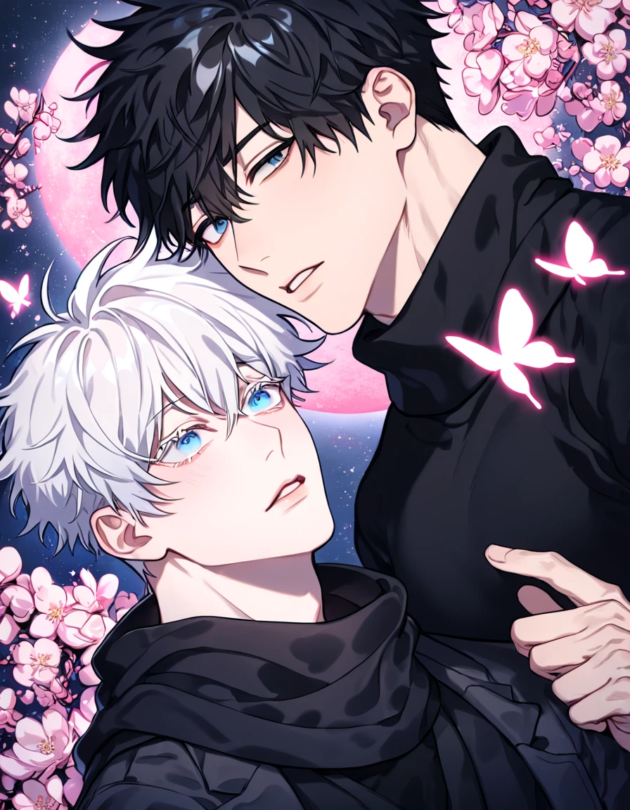 absurdres, highres, ultra detailed, HDR, master piece, best quality, extremely detailed face, delicated features, Kang Woojin, black hair, messy hair, expressive dark blue eyes, Love Jinx, Gojou Satoru, white hair, expressive blue eyes, white eyelashes, two sexy men together, gay couple, yaoi, handsome, black coat, black sweater, black scarf, fantasy, magical, radiant, blossoms, pink flowers, pink butterflies, starry night, shining pink moon, Jujutsu Kaisen