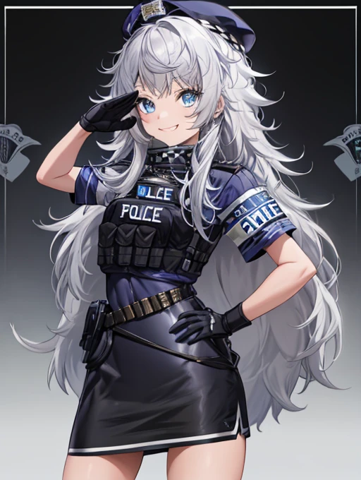 Tabletop, Highest quality, High resolution, One Girl, alone, Long Hair, Have, blue eyes, Gray Hair, My hair is messy, Black gloves, White socks, Police uniform, Black Skirt, Short sleeve, Cowboy Shot, salute, Put your hands on your hips,smile,