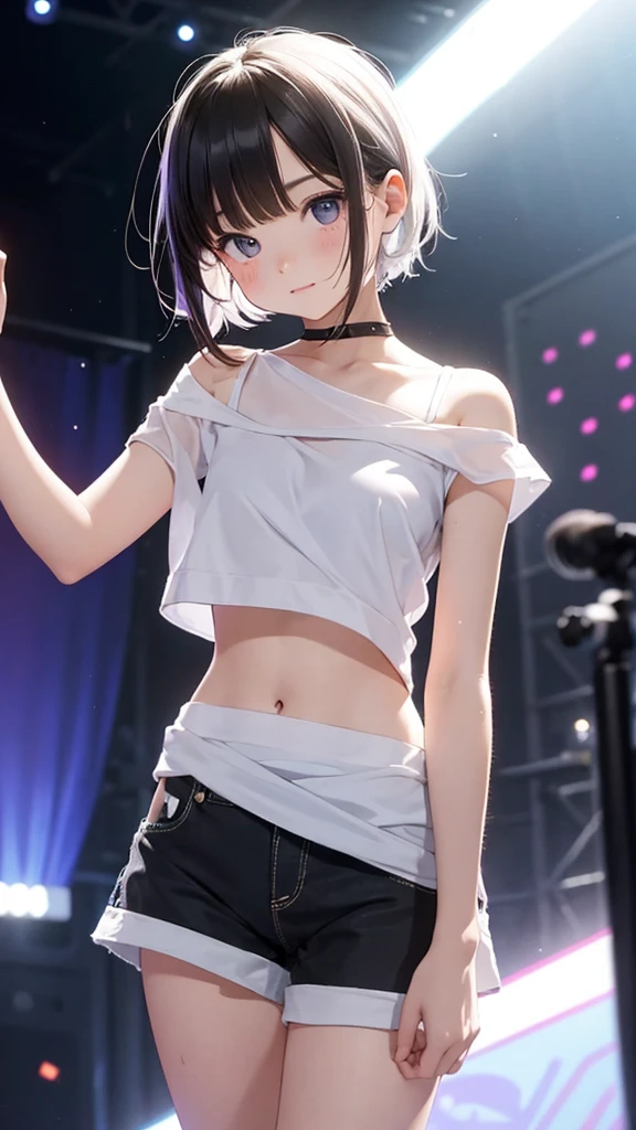 Cute girl . so cute , Round Face . Solitary , Slim , Short stature . Glowing skin . Pure white tube top T-shirt . shorts . Dynamic poses . Dynamic Angle . No background , White background , Looking at the audience's slender and sexy legs, Put your hands behind your head((Clear nipples))、Rocket , (Large Breasts),(because I'Thin) , 身材Short stature . Smooth skin . Plain white T-shirt . . Dynamic poses . Dynamic Angle . No background , White background , Looking at the audience