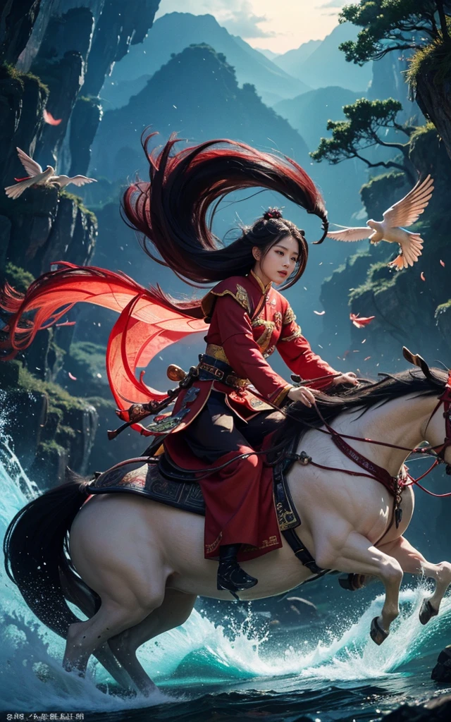 (Chinese woman riding a Chinese mythical beast),Kirin,Wear red Hanfu,Long hair fluttering in the wind,现代Fantasy风格,photography,Light Solution,real,Fantasy,Science Fiction