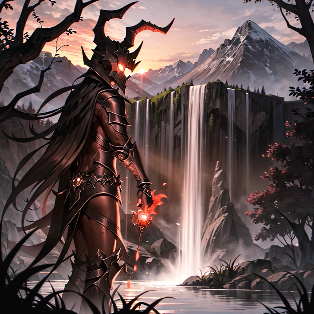 monster, black armor, helmet with horns, red glowing, blue sky, bracelet, bush, coral, day, fish, forest, grass, jewelry, lake, mountain, nature, outdoors, overgrown, palm tree, plant, river, rock, scenery, sky, solo, tree, vines, watch, water, waterfall
