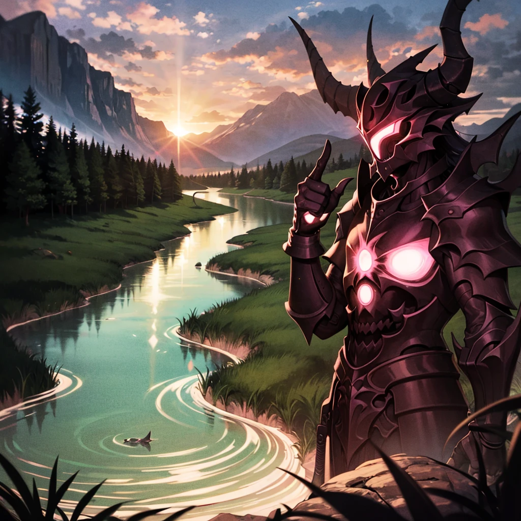 monster, black armor, helmet with horns, red glowing, blue sky, bracelet, bush, coral, day, fish, forest, grass, jewelry, lake, mountain, nature, outdoors, overgrown, palm tree, plant, river, rock, scenery, sky, solo, tree, vines, watch, water, waterfall
