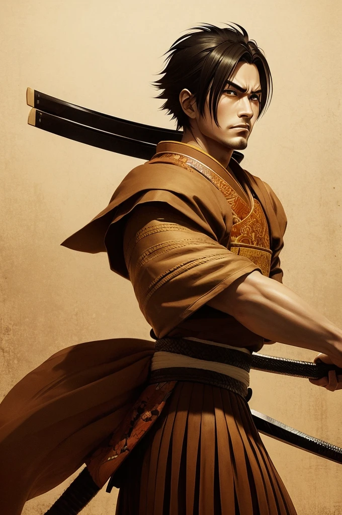 A cool man samurai face sepia style anime illustration