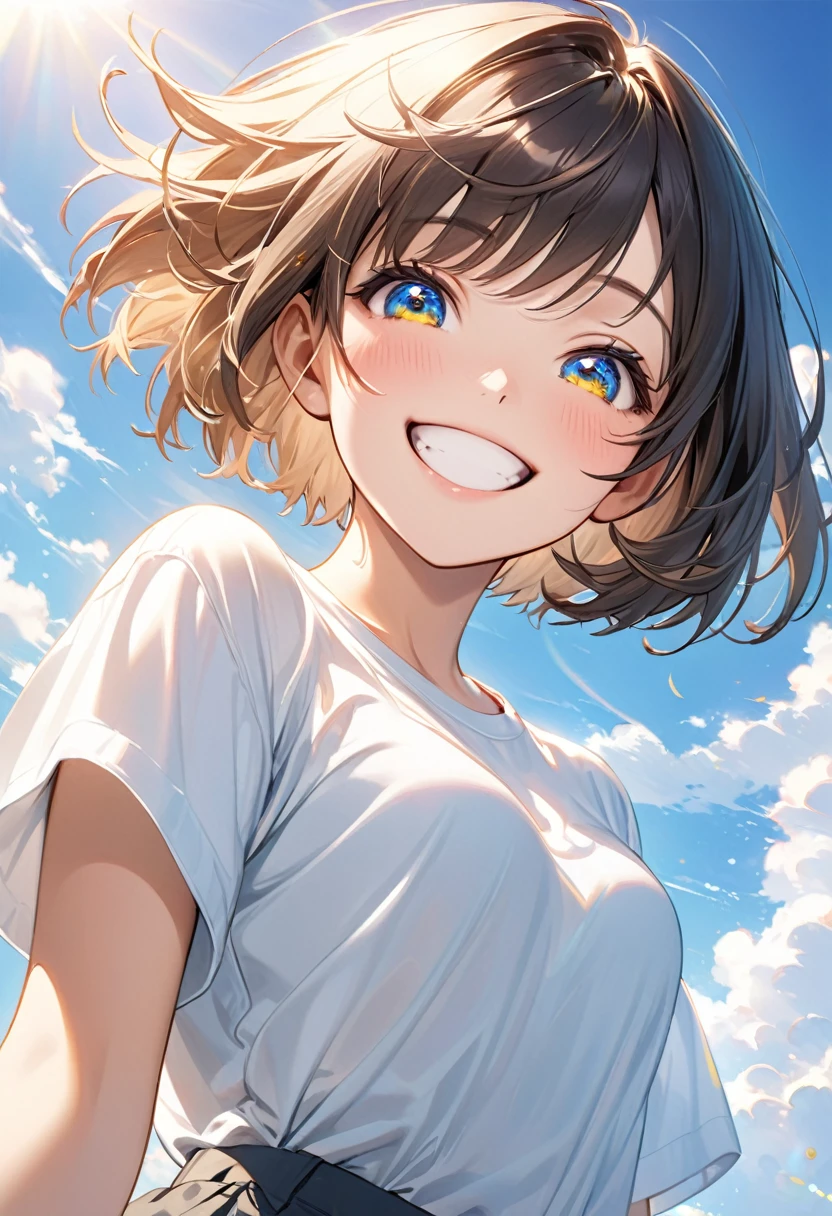 Ultra-realism"Cheerful young woman with short bob haircut, fair skin, and bright smile under a clear blue sky. She's wearing boyish clothes like a loose-fitting t-shirt or button-up shirt. Her expression is lively and cute, with sparkling eyes and a genuine grin. The background shows a sunny day with a few fluffy white clouds, creating a warm and positive atmosphere."