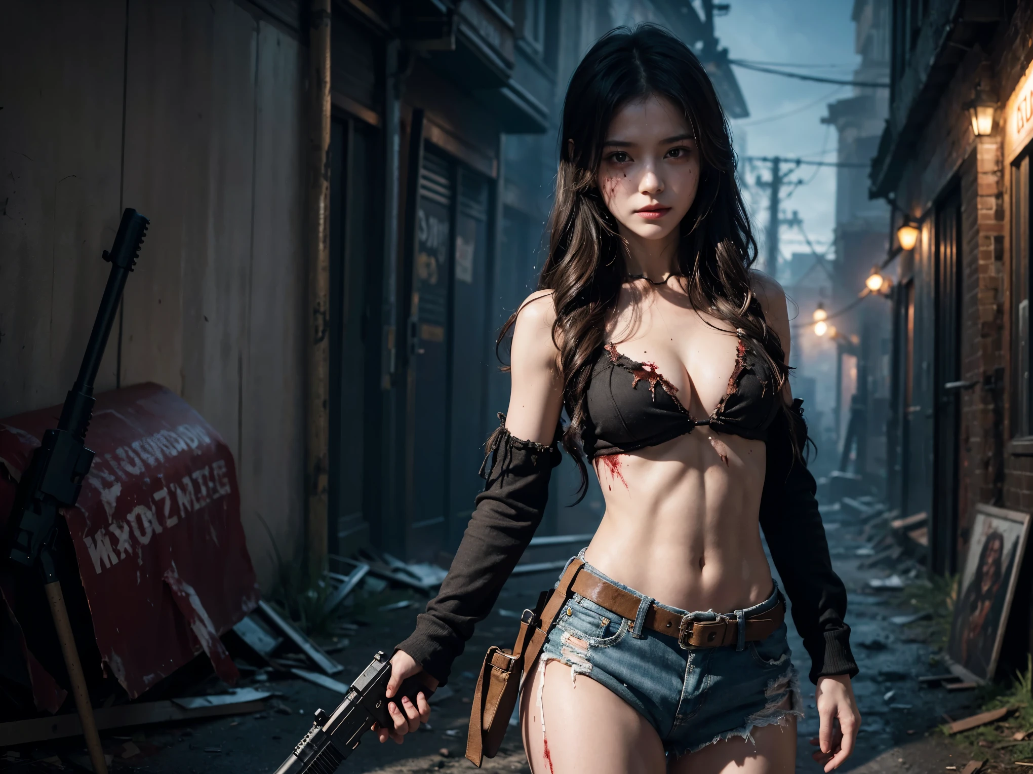 A stunning beauty stands victorious amidst a horde of undead, girl with gun,killing zombies,her bare midriff exposed as she gazes down at the gory aftermath. Her ripped shirt hangs open, revealing a tantalizing glimpse of toned skin, while the severed zombie heads and scattered limbs around her feet attest to her brutal hand-to-hand combat skills. The desolate, blood-soaked alleyway provides a haunting backdrop for this petite powerhouse,cowboy_shot,light_smile